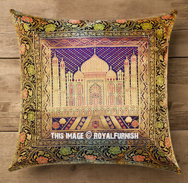 Blue Taj Mahal Featuring Decorative Square Silk Pillow Sham Cover 16X16