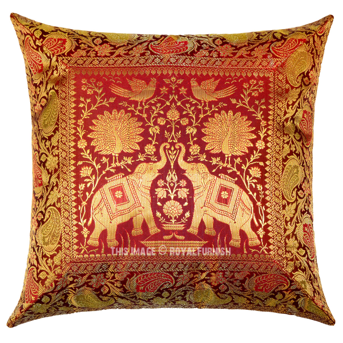 Maroon Peacock Elephants Featuring Silk Throw Pillow Case 16X16 Inch - RoyalFurnish.com