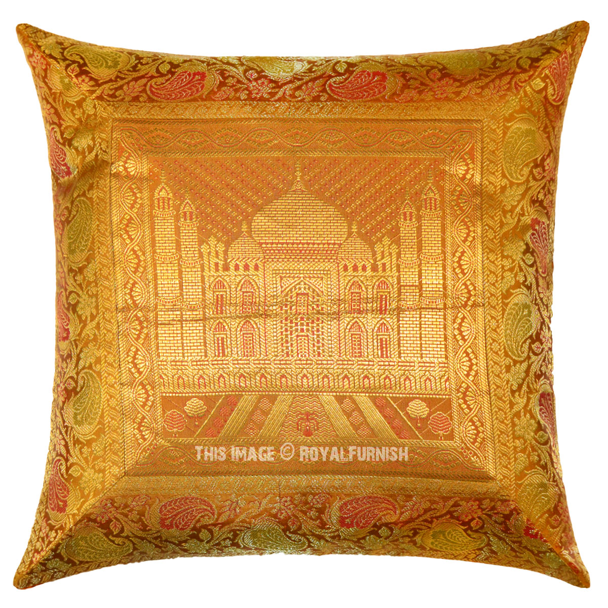 Gold Color Tajmahal Featuring Decorative India Silk Brocade Pillow Cover - RoyalFurnish.com