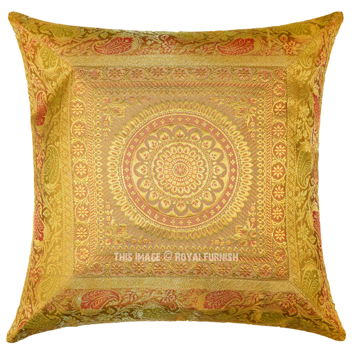 Yellow Gold Medallion Circle Silk Throw Pillow 16X16 Inch