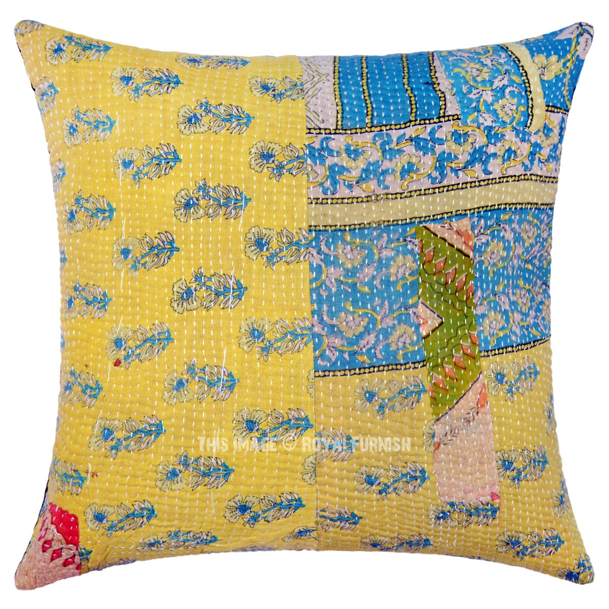 Light Yellow One-Of-A-Kind Decorative Small Flower Vintage Kantha Pillow Cover - RoyalFurnish.com