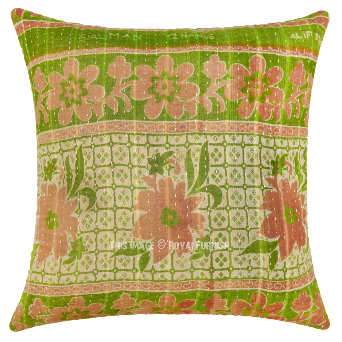 Green Long Leafs Decorative Cotton Sari Vintage Kantha Pillow Cover 16X16 - RoyalFurnish.com