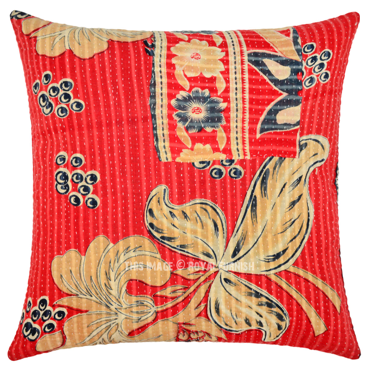 18X18 Red Multi Decorative Old Vintage Kantha Throw Pillow Cover - RoyalFurnish.com