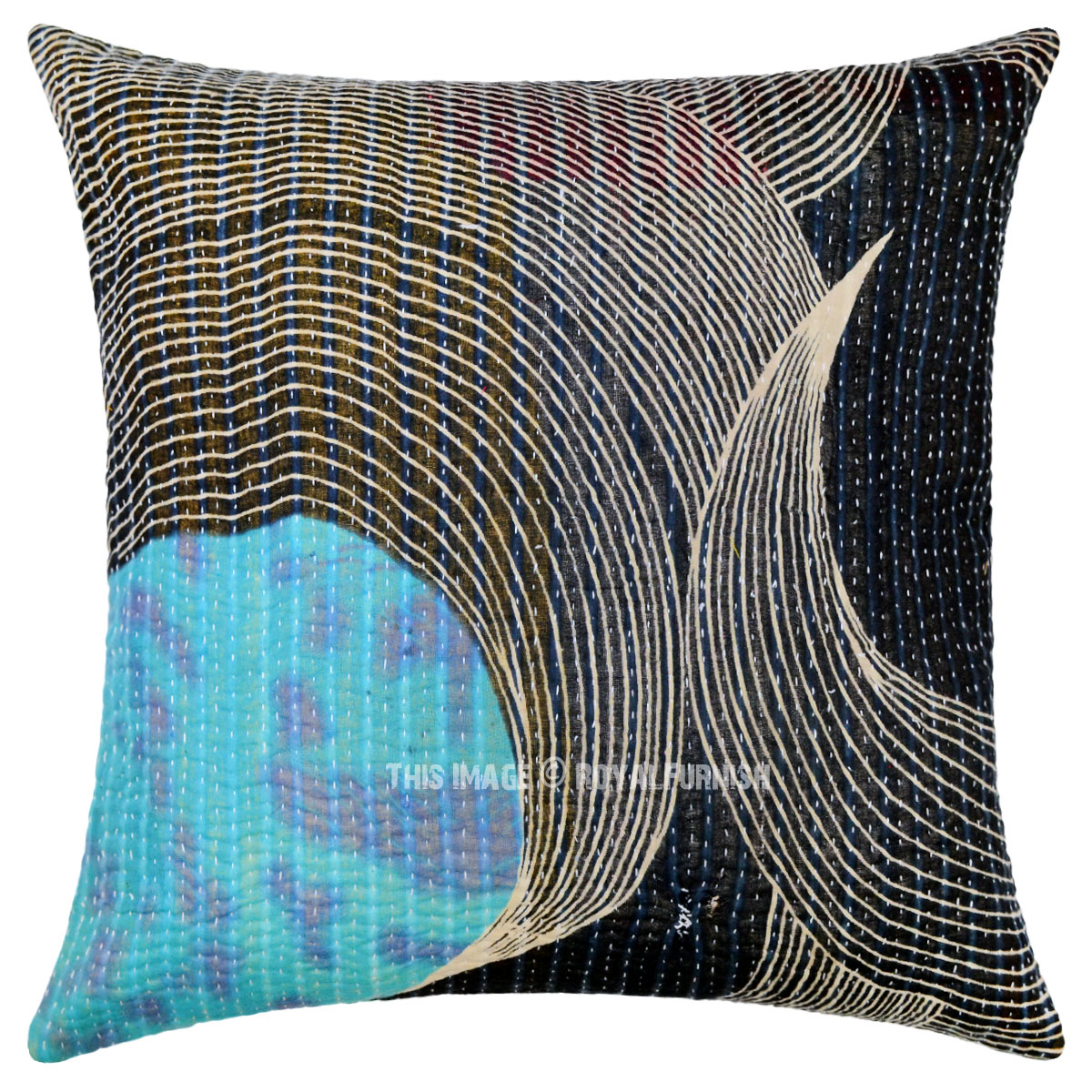Black Unique One-Of-A-Kind Decorative Vintage Kantha Pillow Cover - RoyalFurnish.com