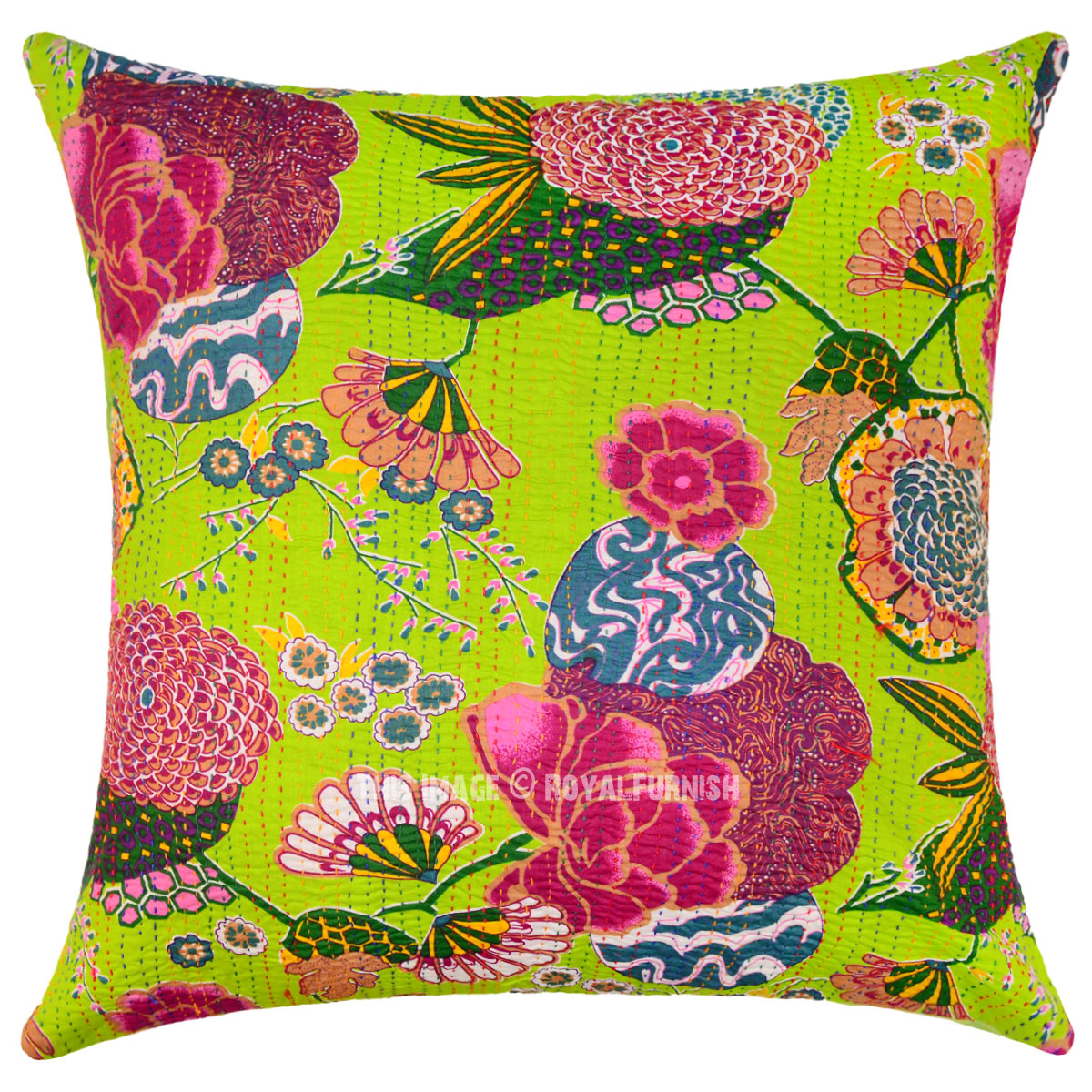 Green Decorative Tropical Kantha Throw Pillow Cover 24x24 Inch