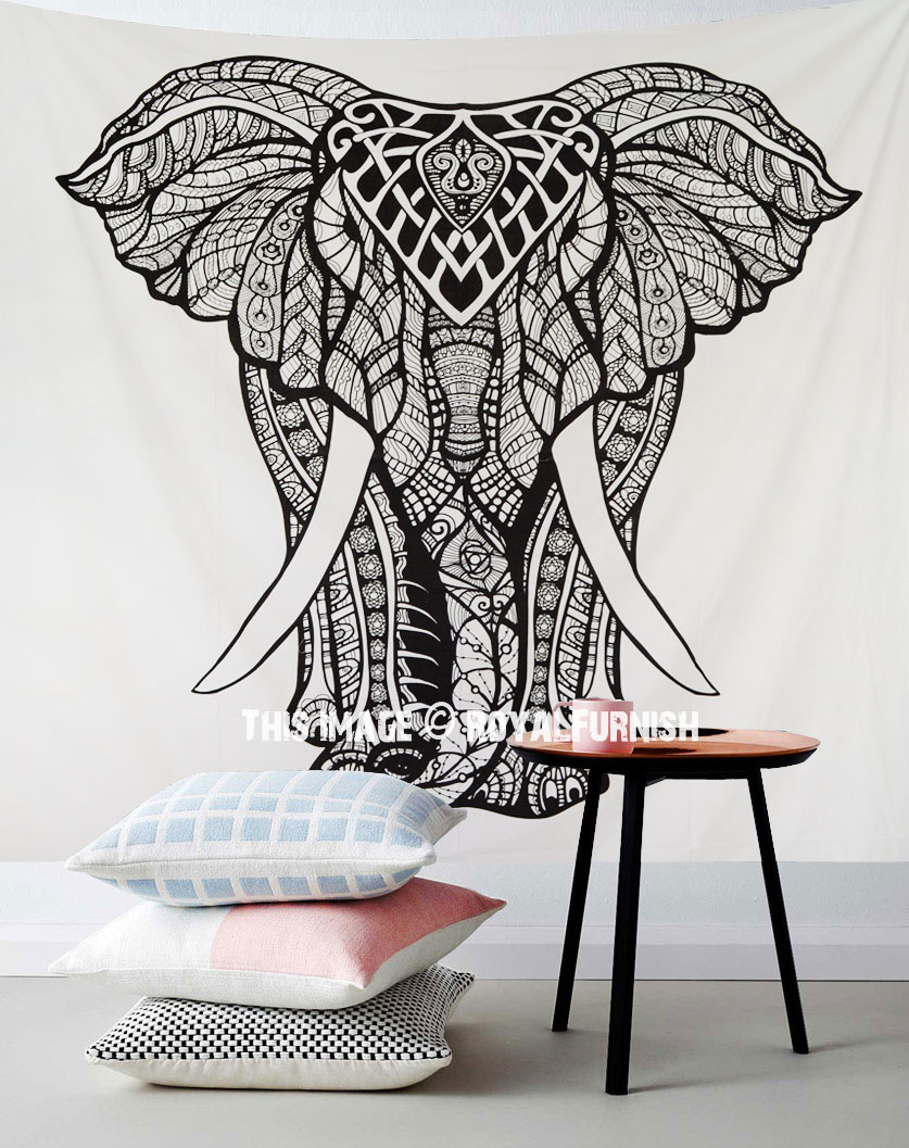 Twin Indian Elephant Mandala Tapestry Bed Black & Beige Cotton Wall hanging UK 