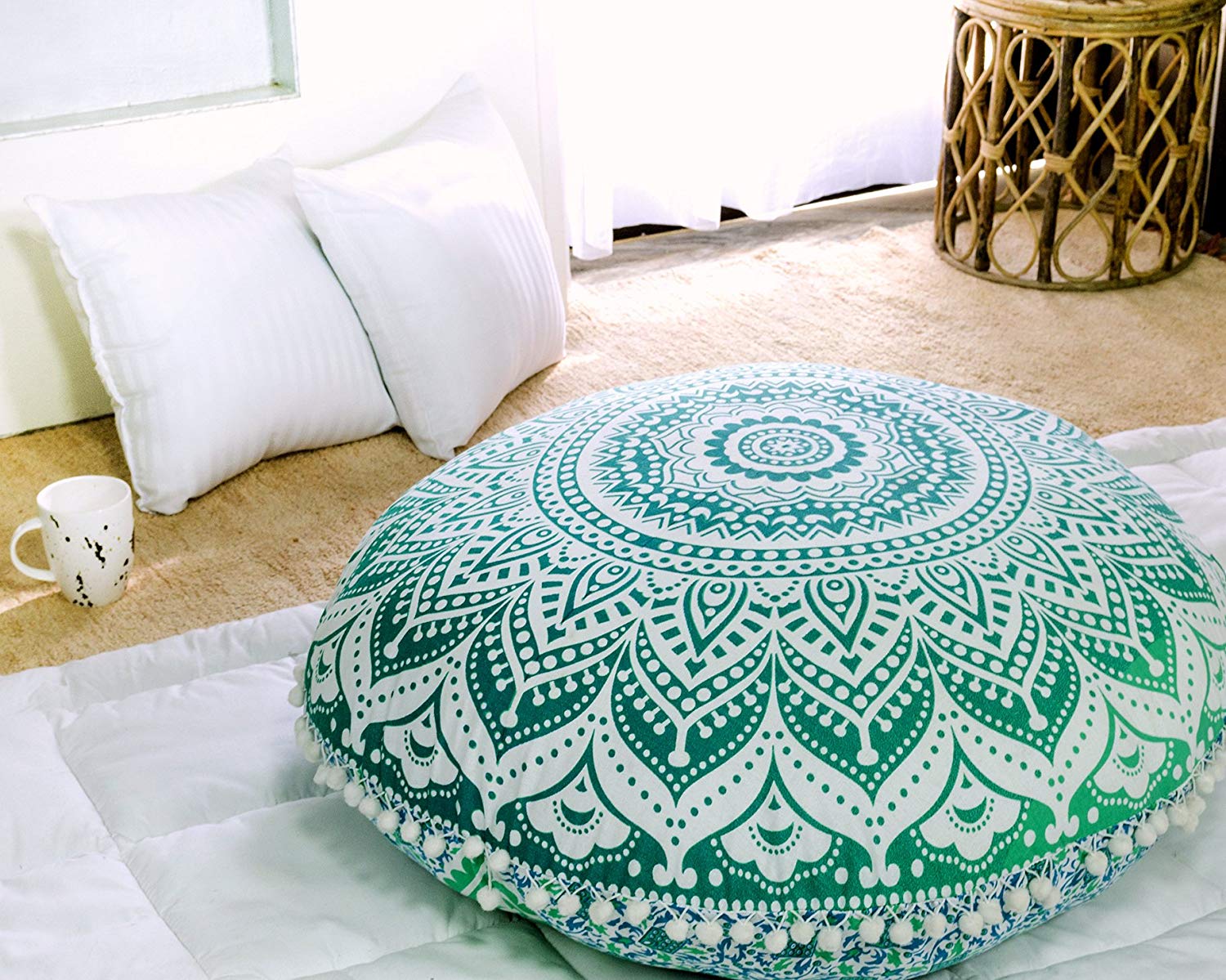 Green Floor Pillow Cover Ombre Mandala Large Meditation Cushion Pouf Sham 32"