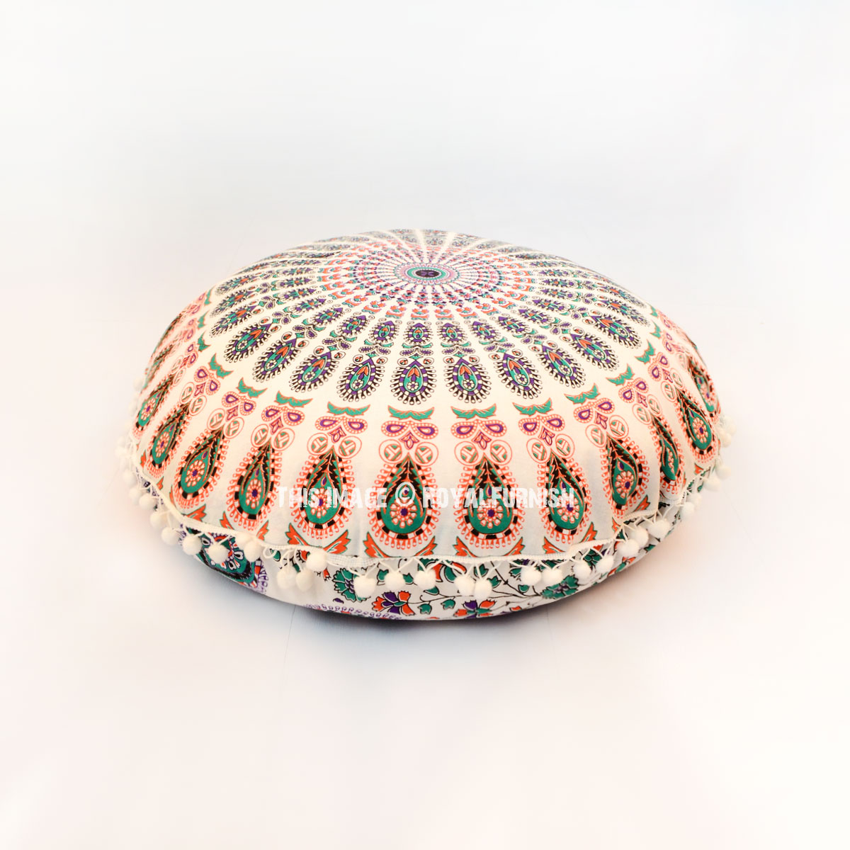 White Multi Hippie Mandala Round Floor Pillow Cover 24