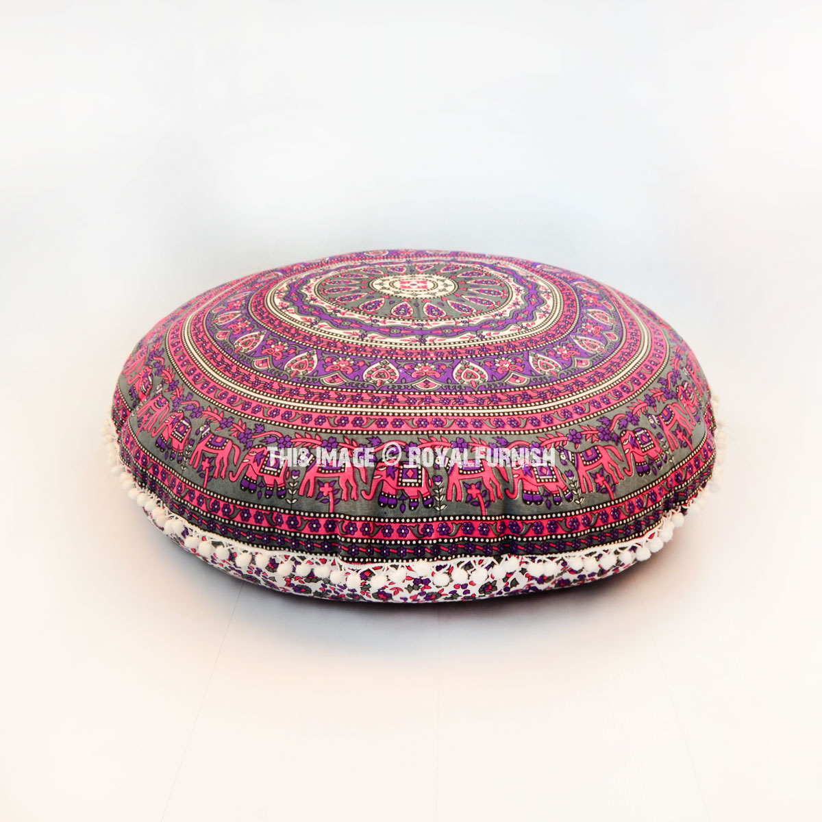Pink & Grey Elephants Ring Medallion Round Floor Pillow Cover - RoyalFurnish.com