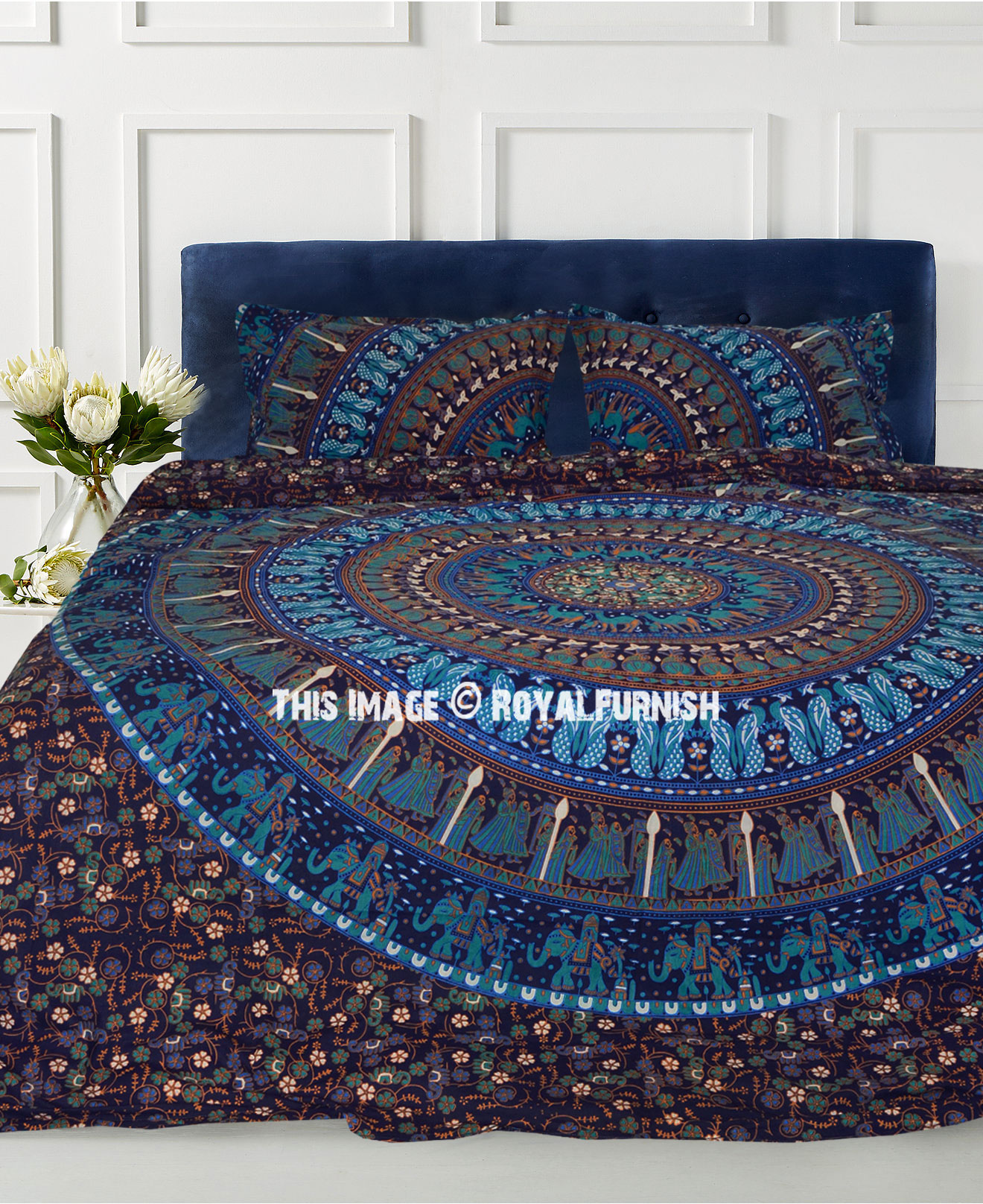 Blue Elephant Mandala Cotton Hippie Bohamian Reversible Double Duvet Cover Set 