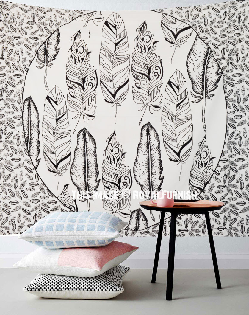 Black And White Summer Feathers Cotton Wall Tapestry