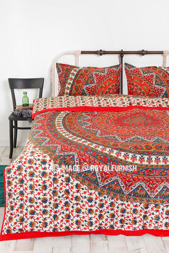 Red Kerala Mandala Bedding Duvet Covers Set With 2 Pillow Cases