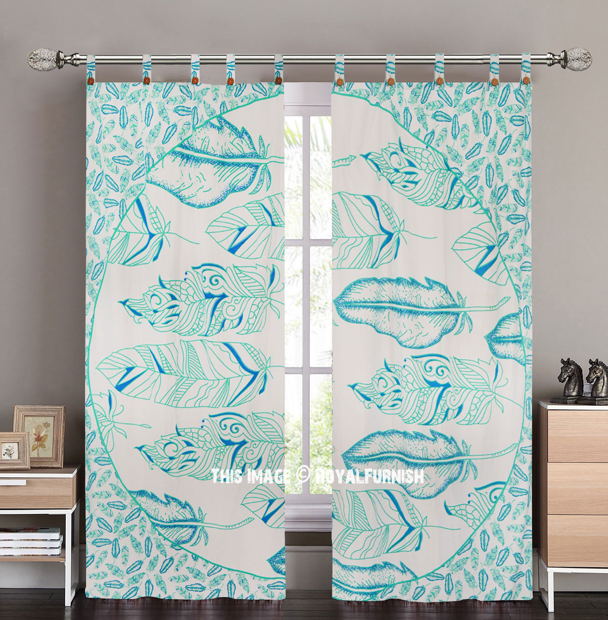 Green and White Summer Feathers Tapestry Curtain Panel Pair