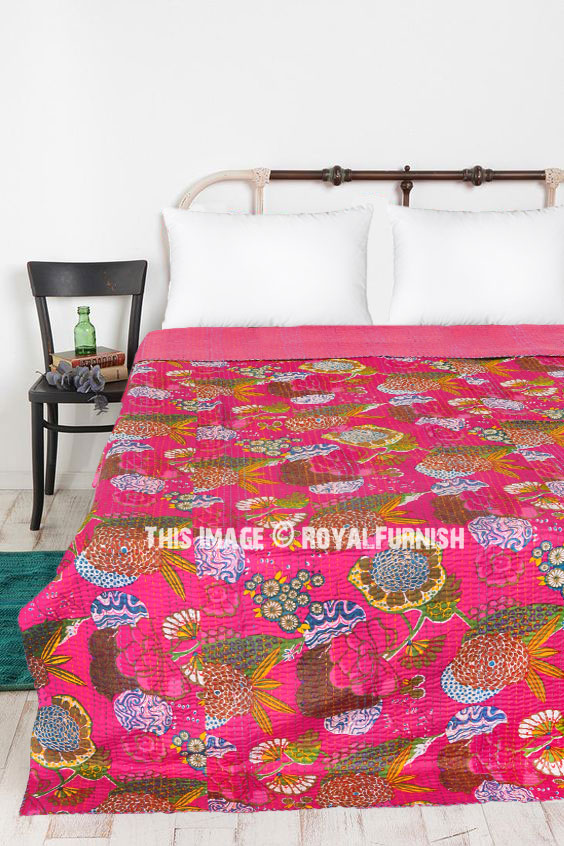 Queen Throw Decor Pink Indian Hand BlockPrinted Handmade Kantha Quilt Bedspread 