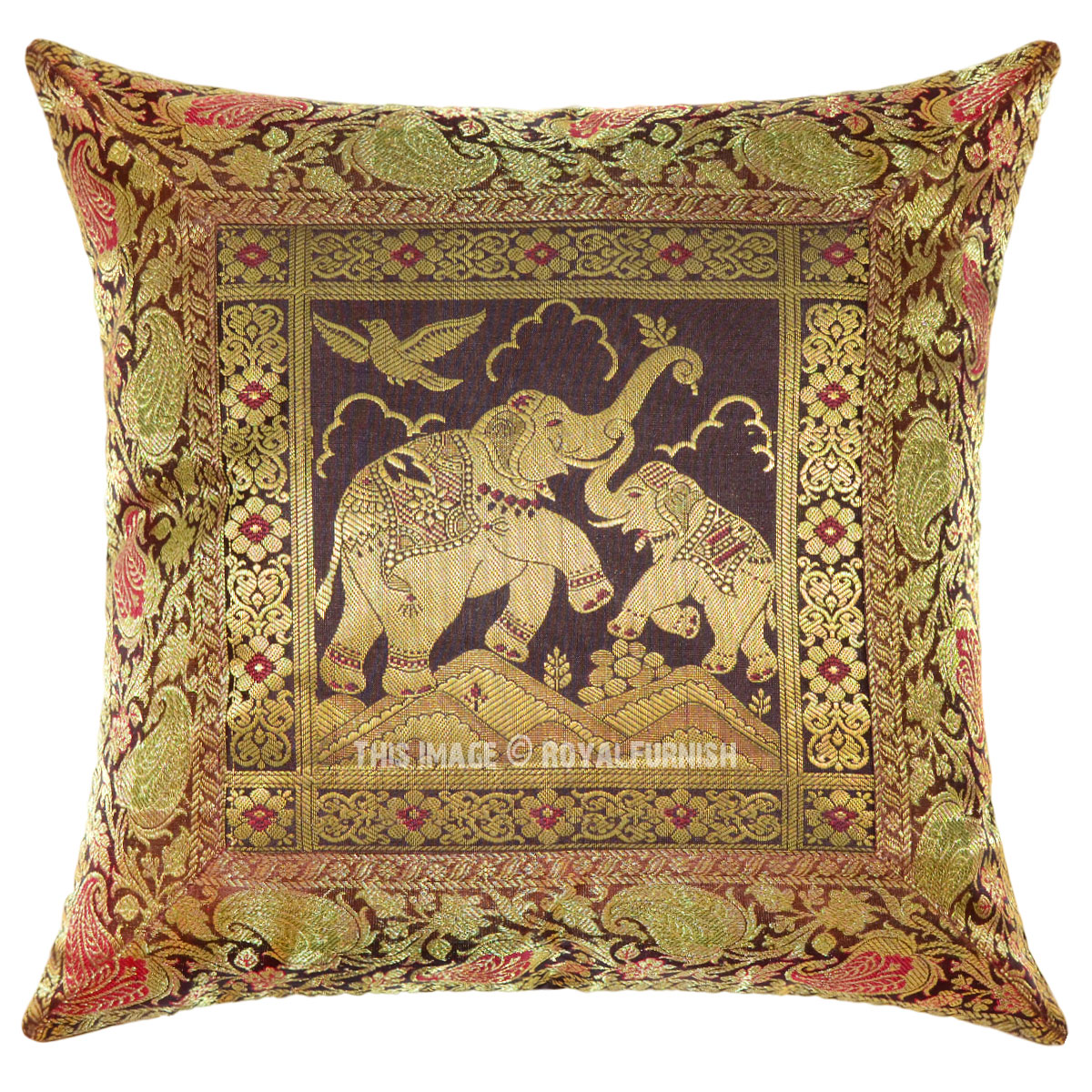 Brown Decorative Elephant Family Silk Throw Pillow Case - RoyalFurnish.com