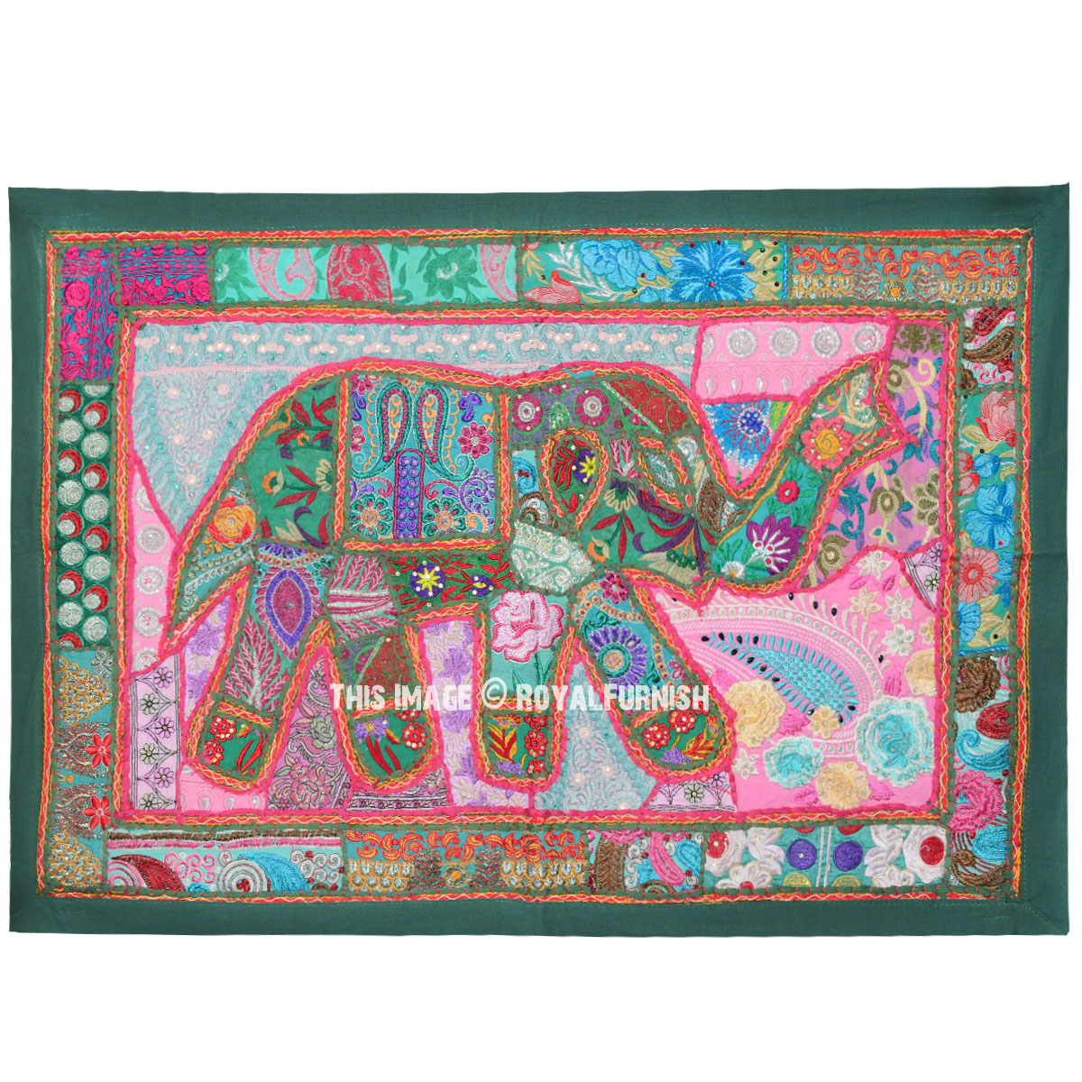 Green Multi Patchwork Embroidered Elephant Tapestry Wall Hanging 38X26 ...