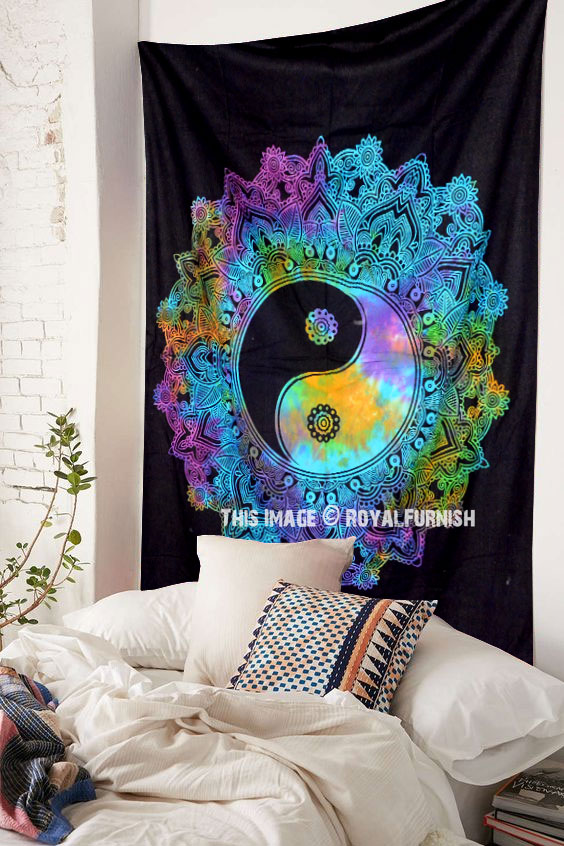 Indian Mandala Throw Hippie Bohemian Wall Hanging Tapestry Yin Yang Tie-Dye Art 