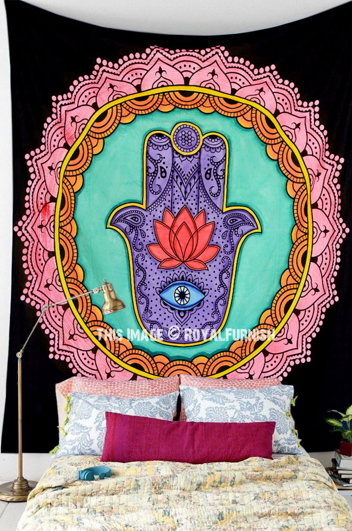 Multi Colorful Lotus Hand Hamsa Wall Tapestry