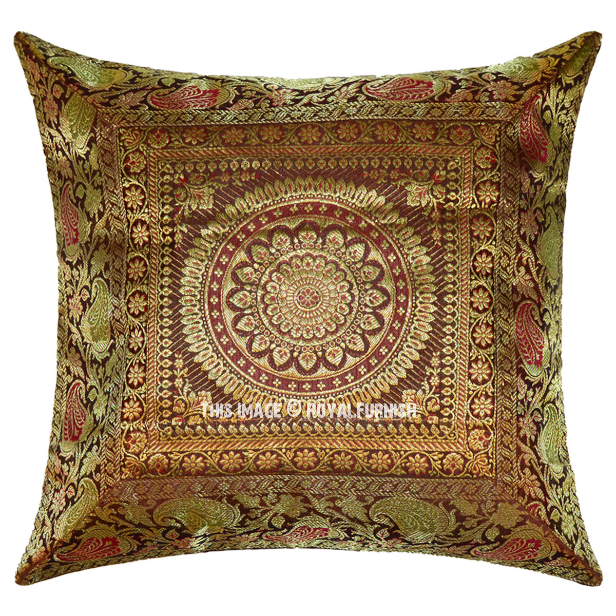 16X16 Inch Decorative Mandala Brown Silk Brocade Throw Pillow Cover