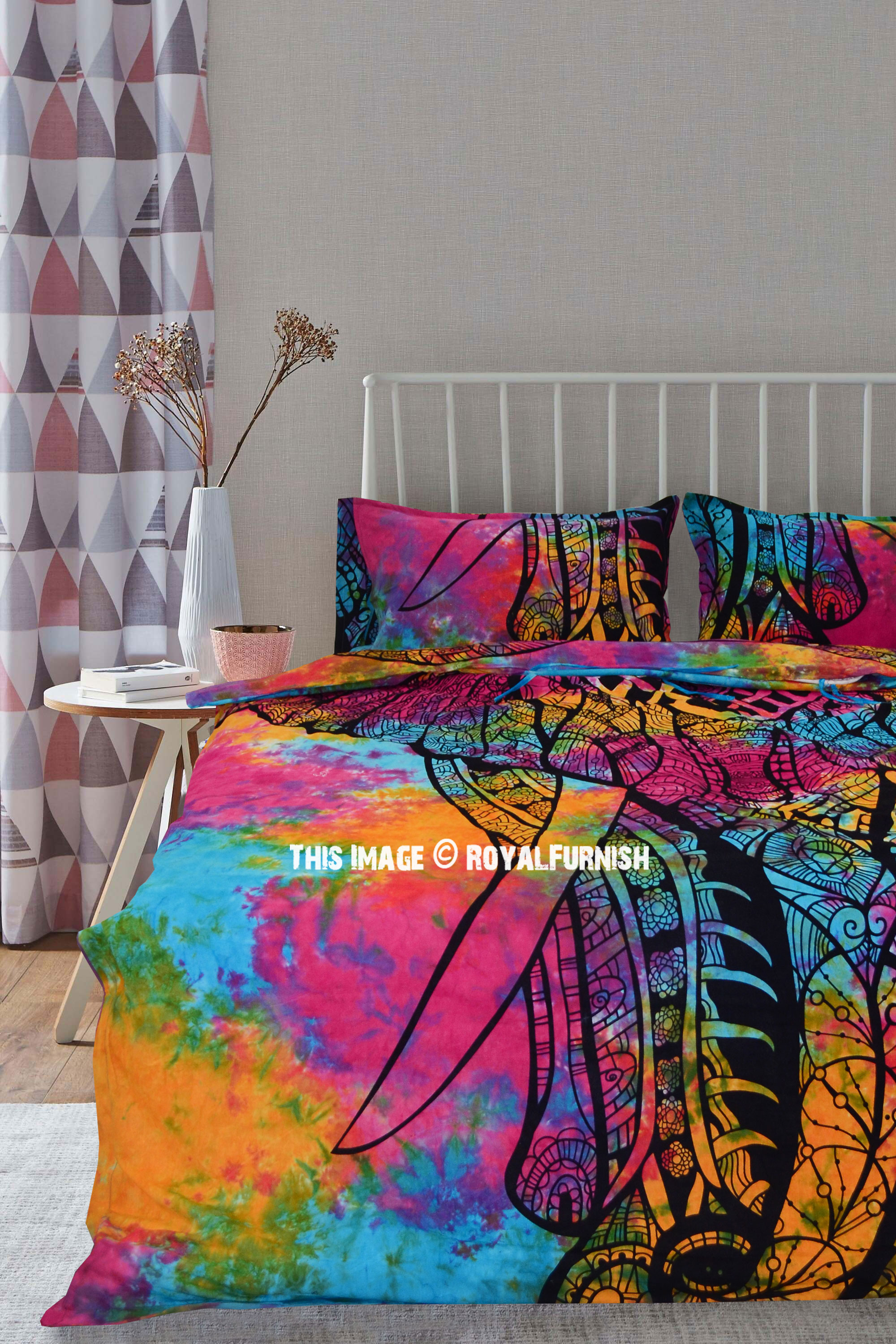 Multi Tie Dye Asian Elephant Duvet Cover With Set Of Two Pillow