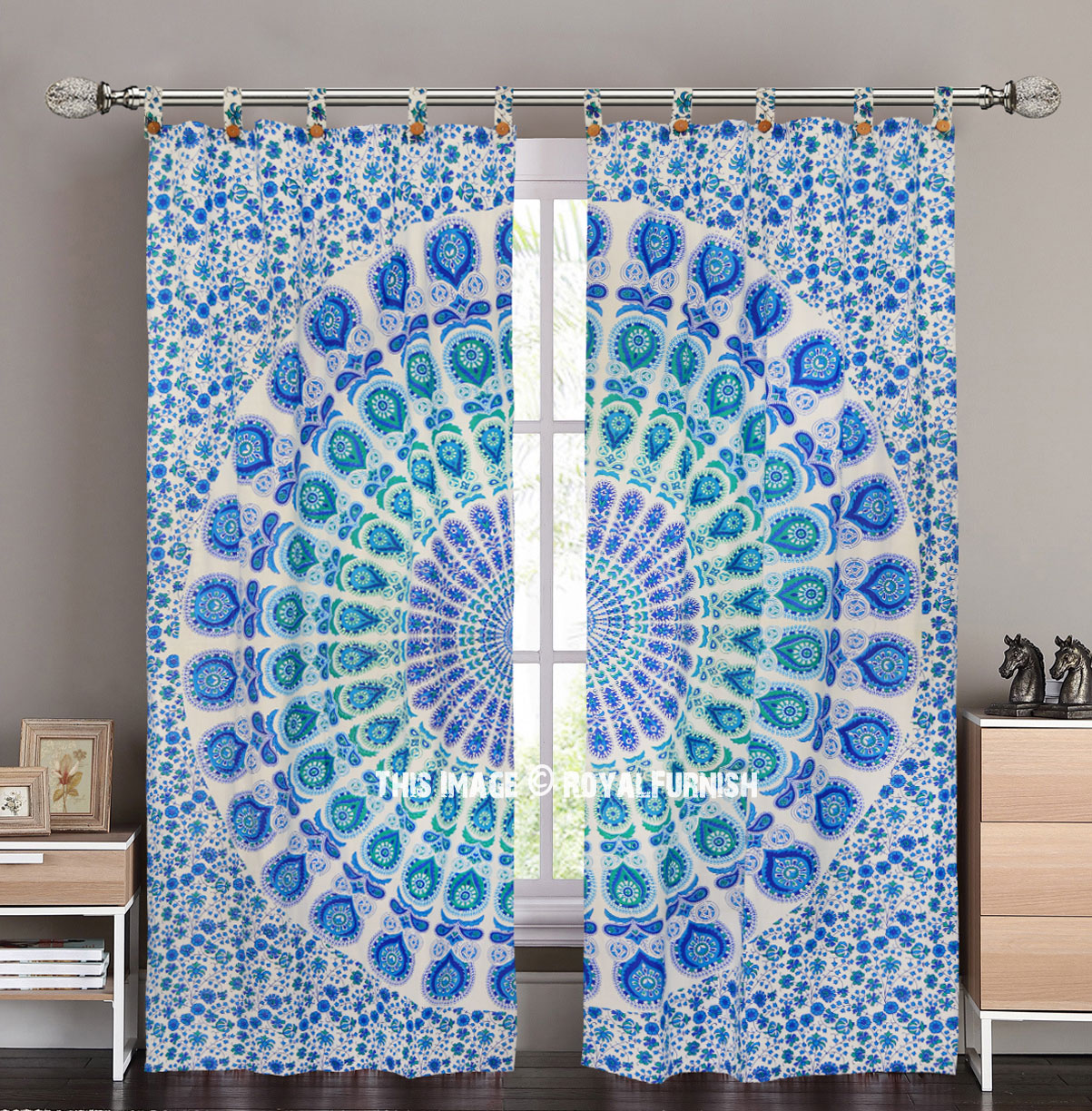 White & Blue Peacock Mandala Tapestry Curtain Panel Pair