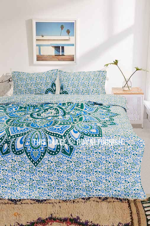 Multi Green Blue Lotus Ombre Duvet Covers With Set Of 2 Pillow