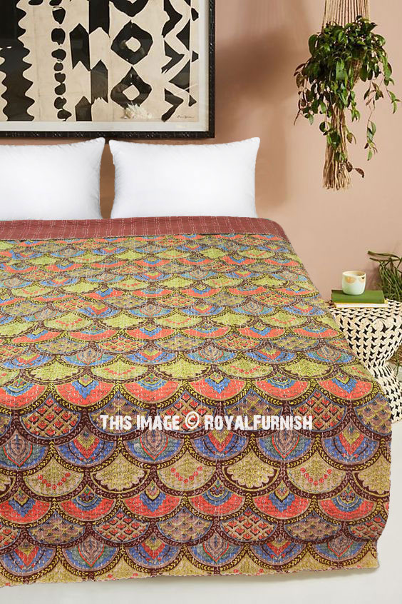 Brown Multi Rainbow Patterned Kantha Bedspread Quilt Throw