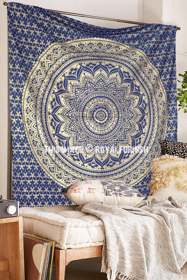 Blue Sparkly Gold Classic Mandala Wall Tapestry
