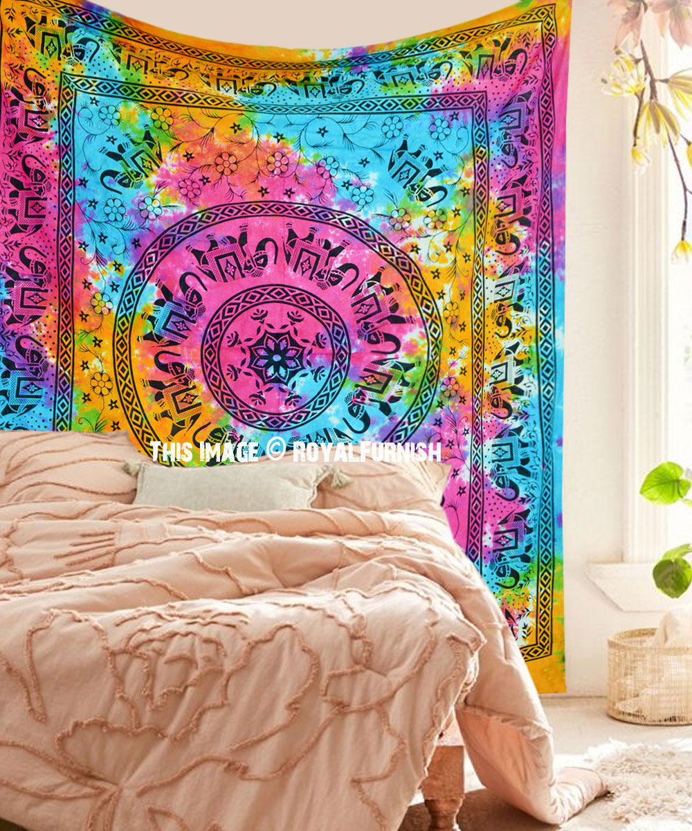 Large Colorful Tie Dyed Rangoli Elephants Mandala Wall Tapestry