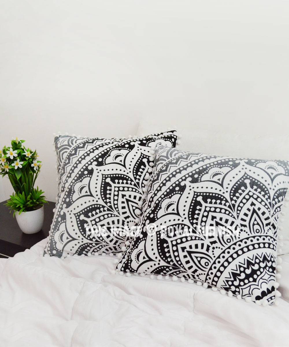 Large Grey Ombre Mandala Pillow Case Set Boho Square Cotton Throw Cushion Cover 