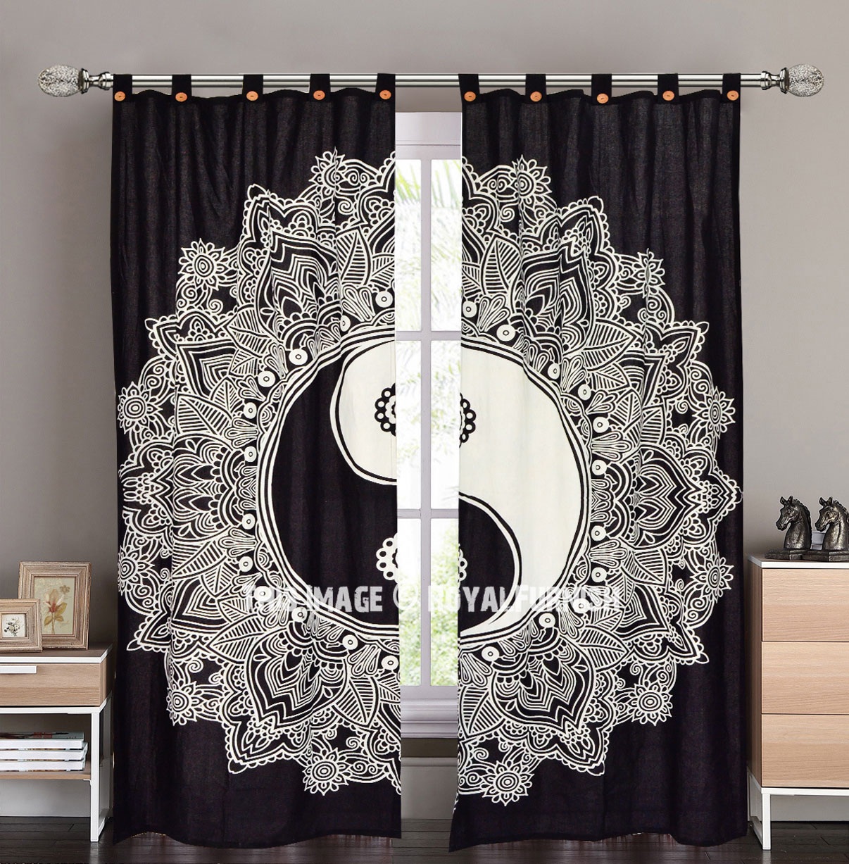 Gray Curtains Ying Yang Harmony Asian Window Drapes 2 Panel Set 108x84 Inches 