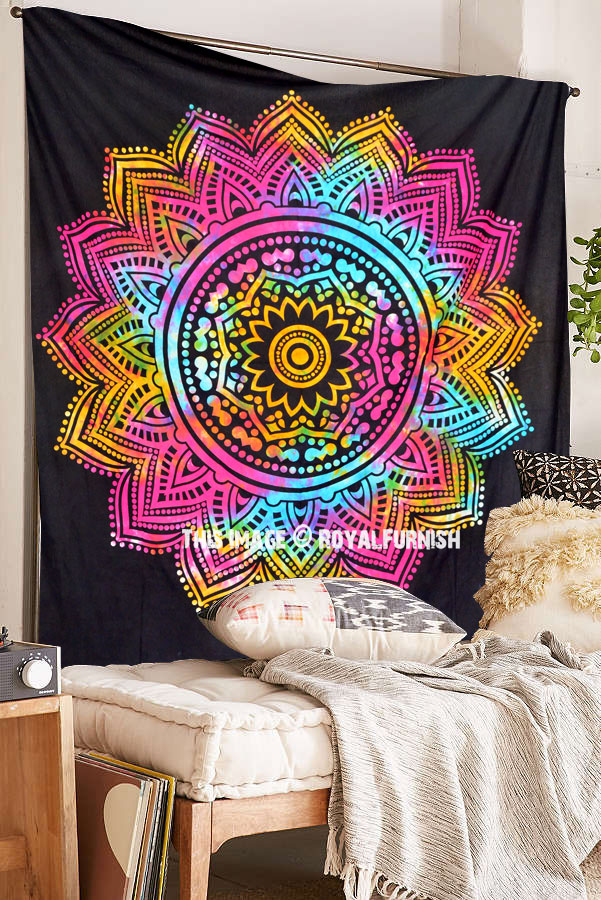 Black Colorful Tie Dye Mandala Wall Tapestry 