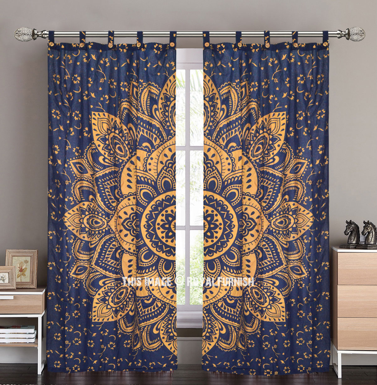 Blue and gold shop curtains