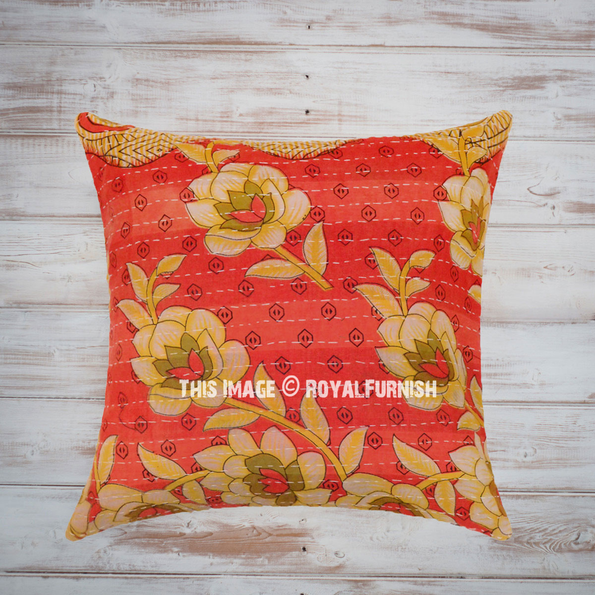 Red Floral & Leaf Decorative Vintage Kantha Throw Pillow Cover 16X16