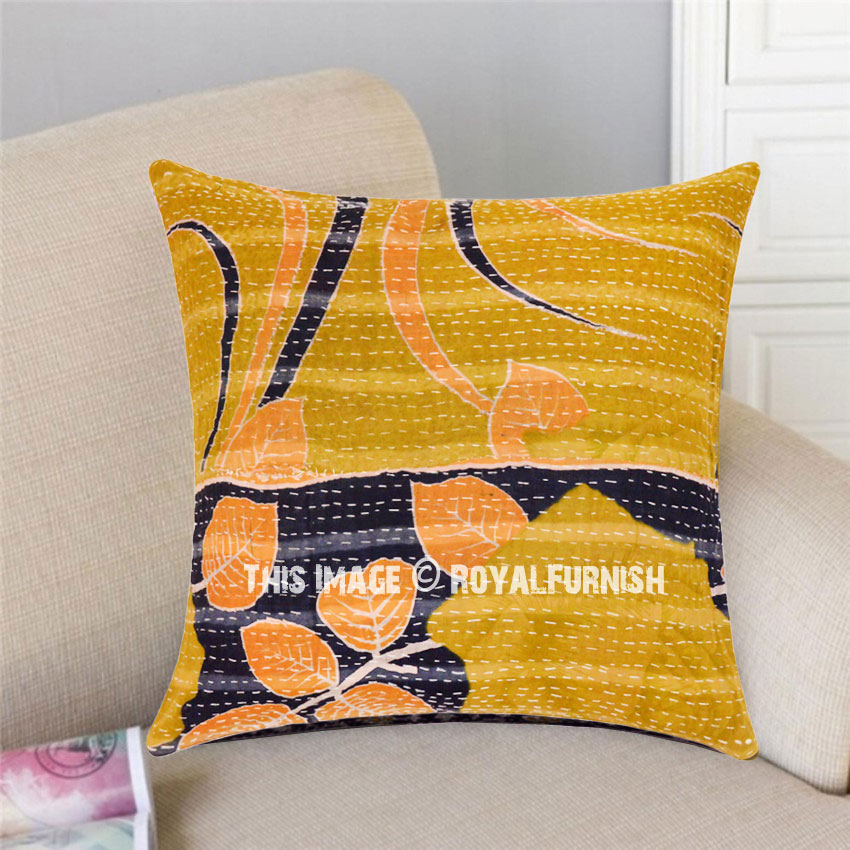 Green Vintage Cotton Sari Embroidered Throw Pillow Cover 16X16 Inch