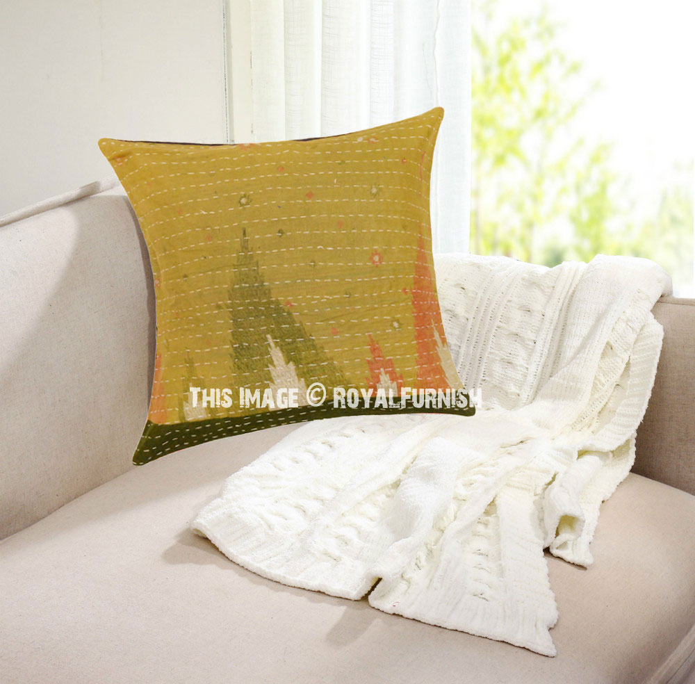Green Multi Vintage Kantha Cotton Throw Pillow Cover 16X16