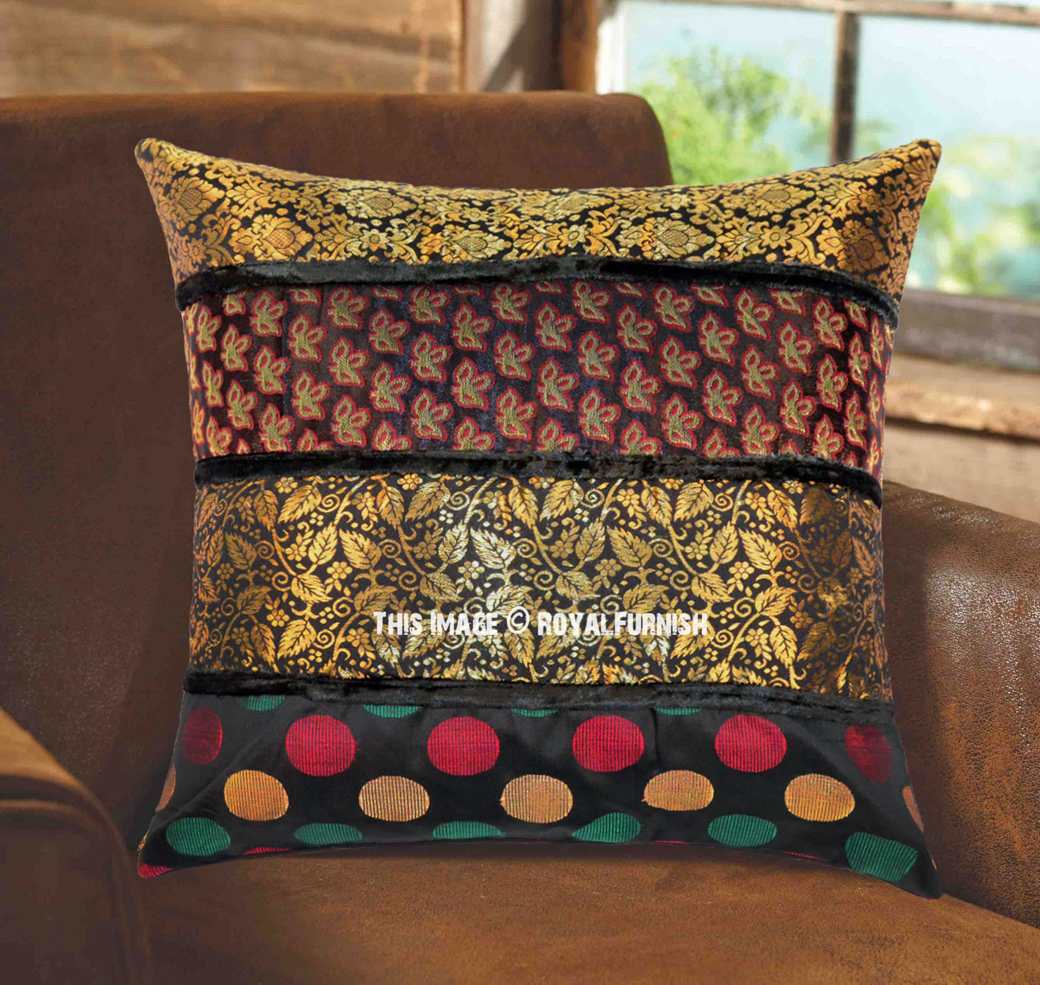 Cushion Cover Silk Brocade Pillow Case Indian Throw Pillow Handmade Decor 16x16" 