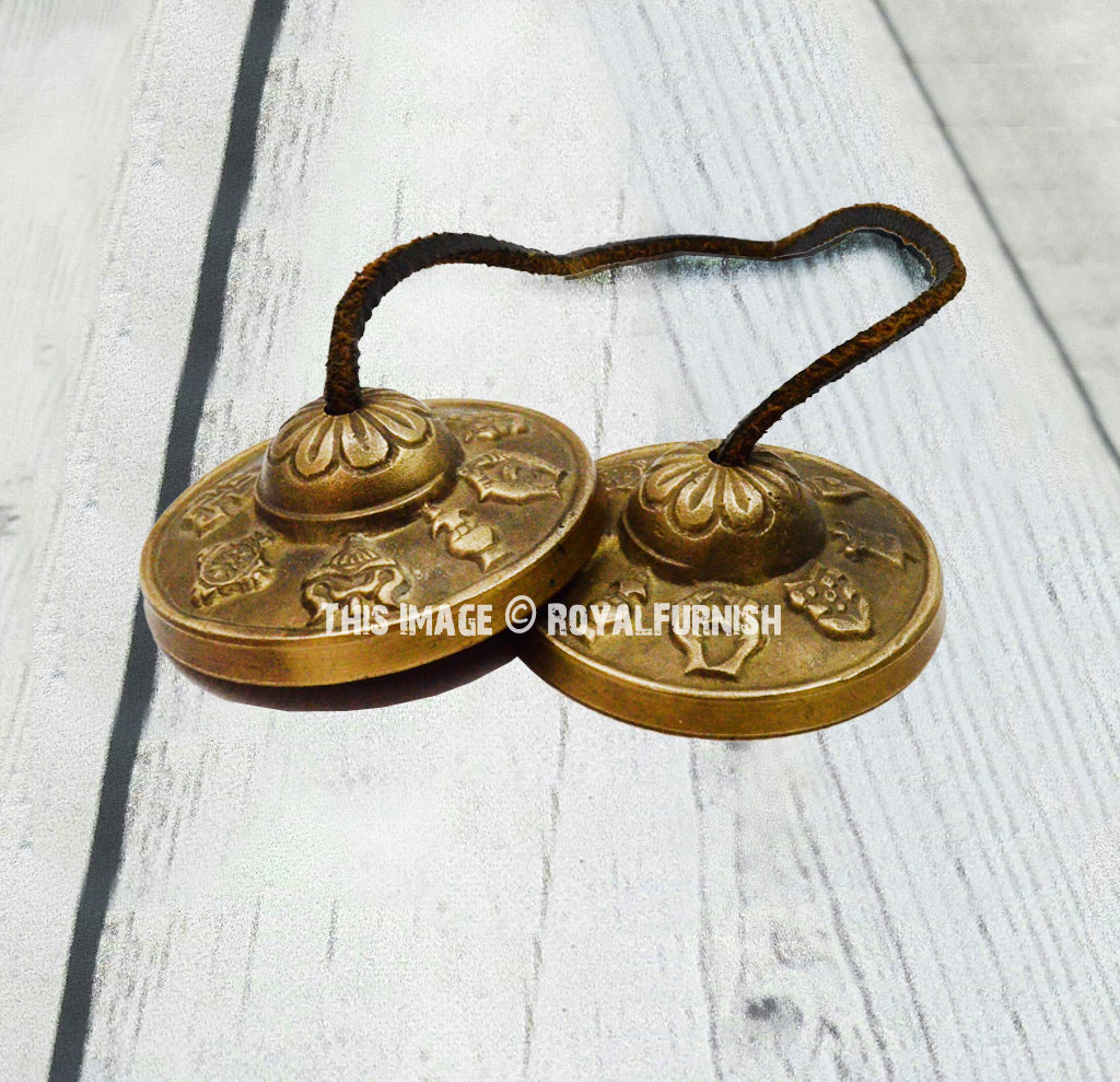 Medium Chimes Buddhist Lucky Symbols Hand Tuned to Key of Om 2.25 Inch- Tingsha Tibetan Bell 