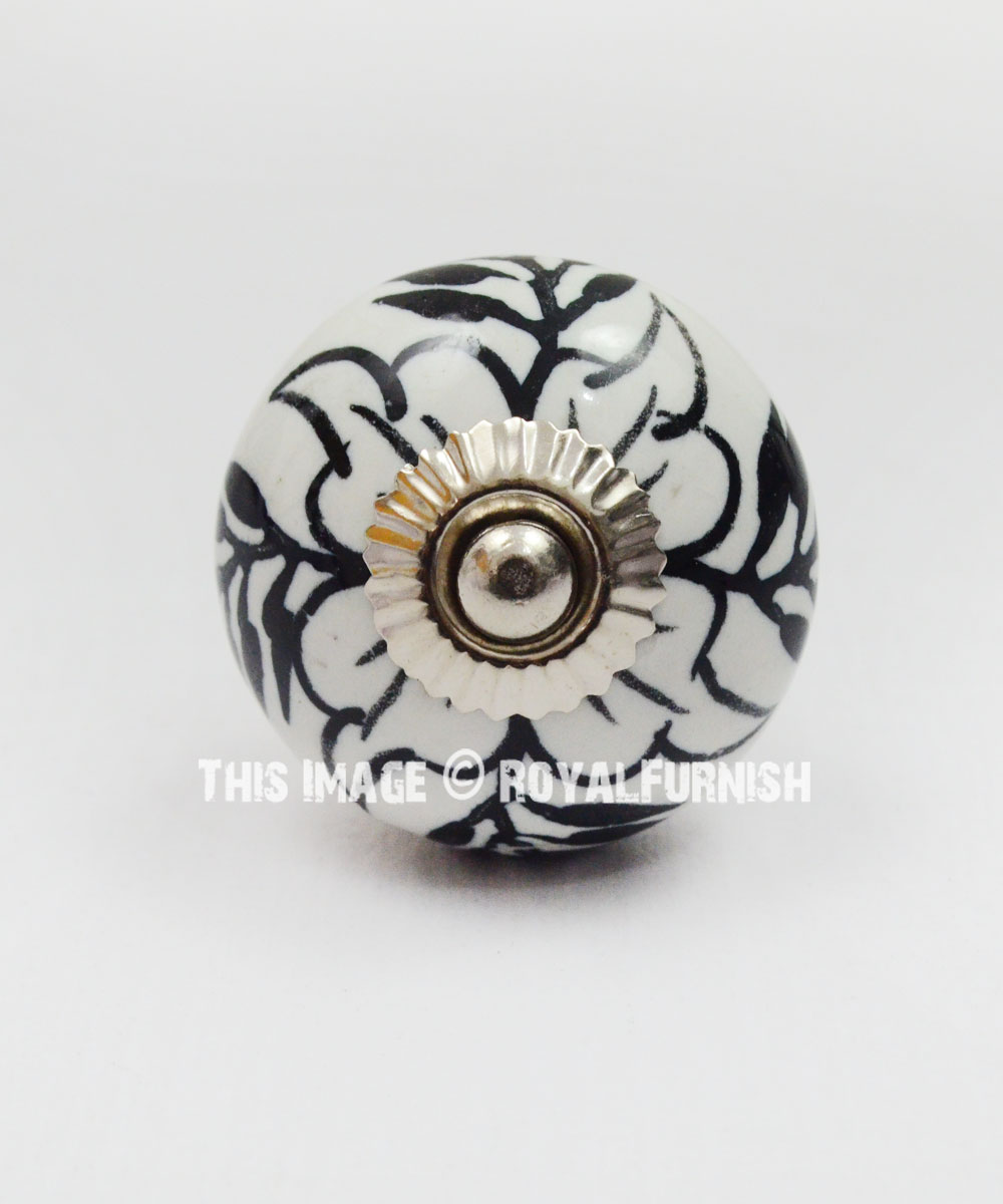 Set of 10 Black & White Floral Ceramic Cupboard Cabinet Knobs Drawer Pull 
