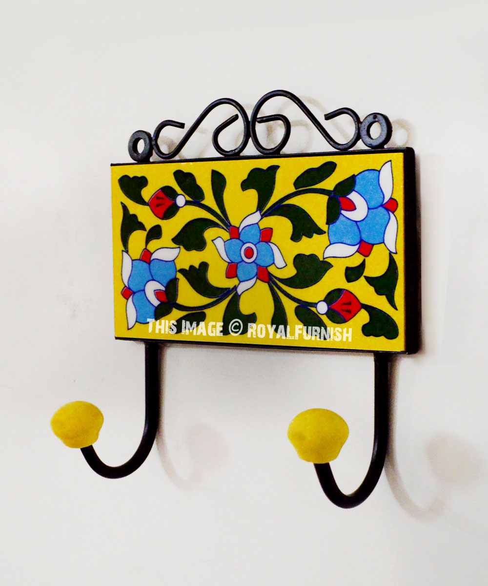 Yellow Leaves & Floral Decorative Ceramic Wall Hook 