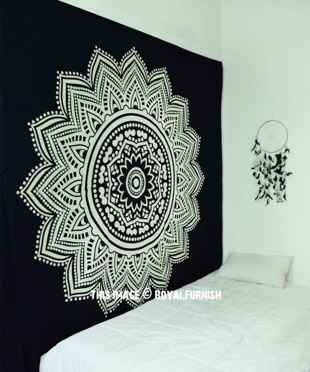 Black White Indian Chakra Mandala Wall Tapestry