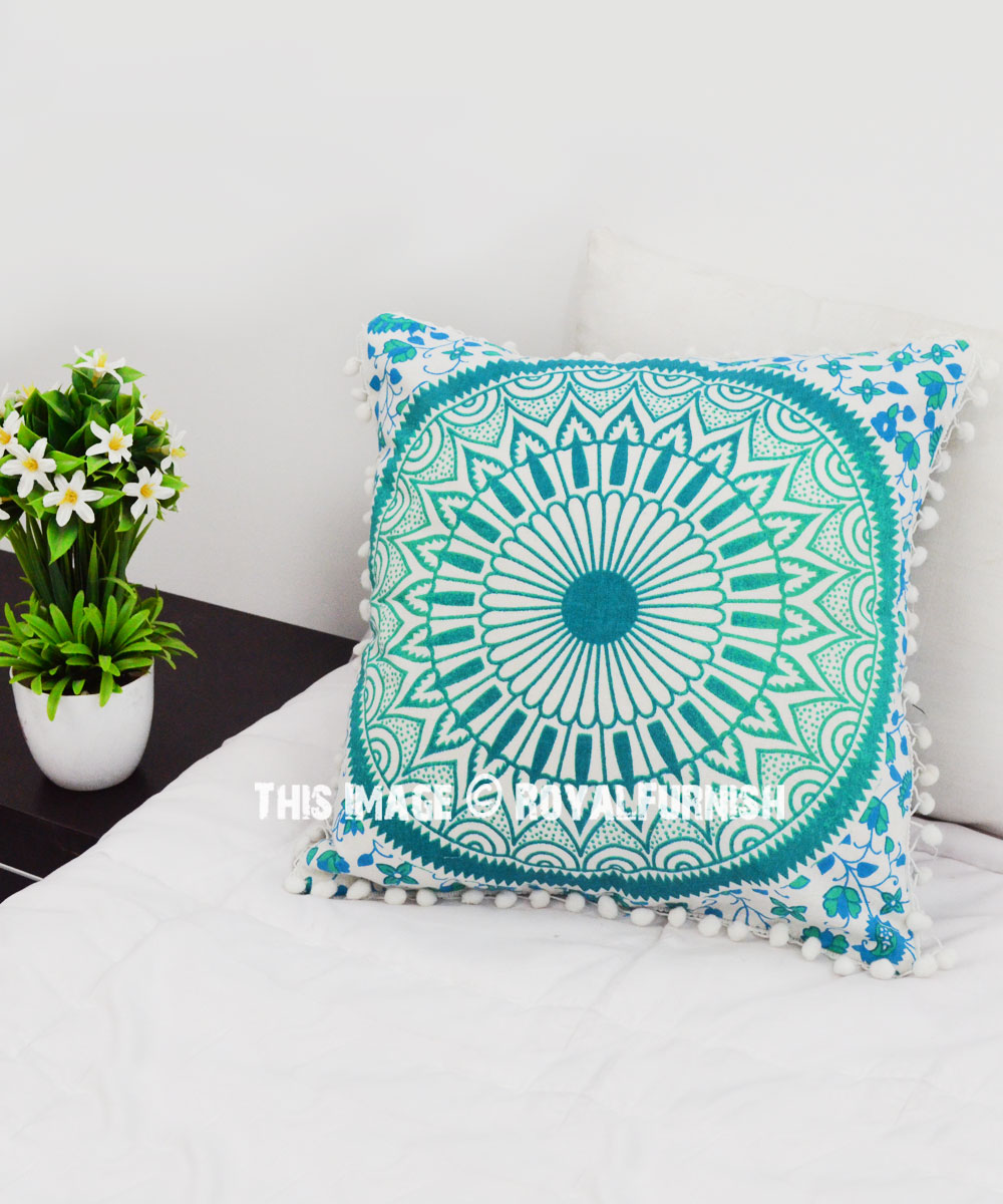 Sea Green Pom Pom New Ombre Mandala Throw Pillow Cover