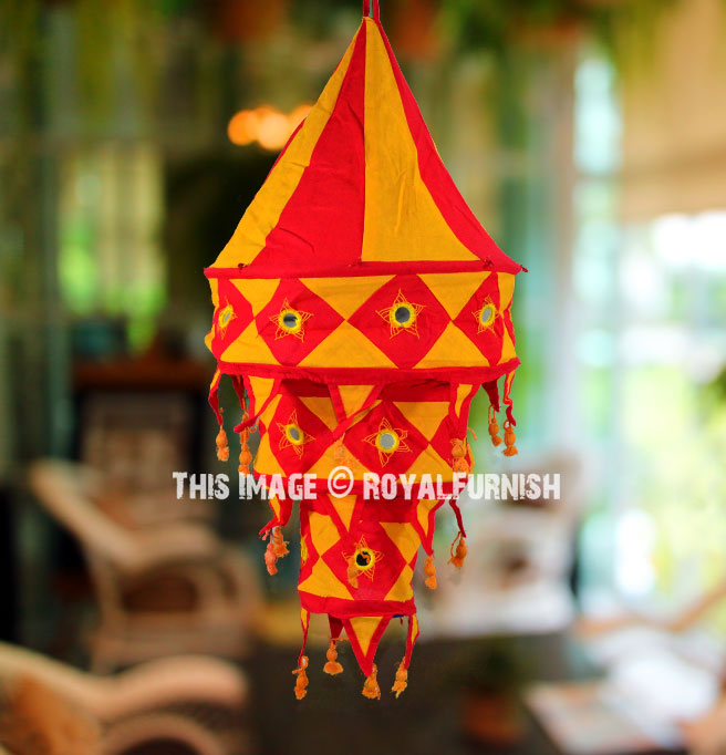Yellow Red Bohemian Ceiling Hanging Fabric Cloth Lantern
