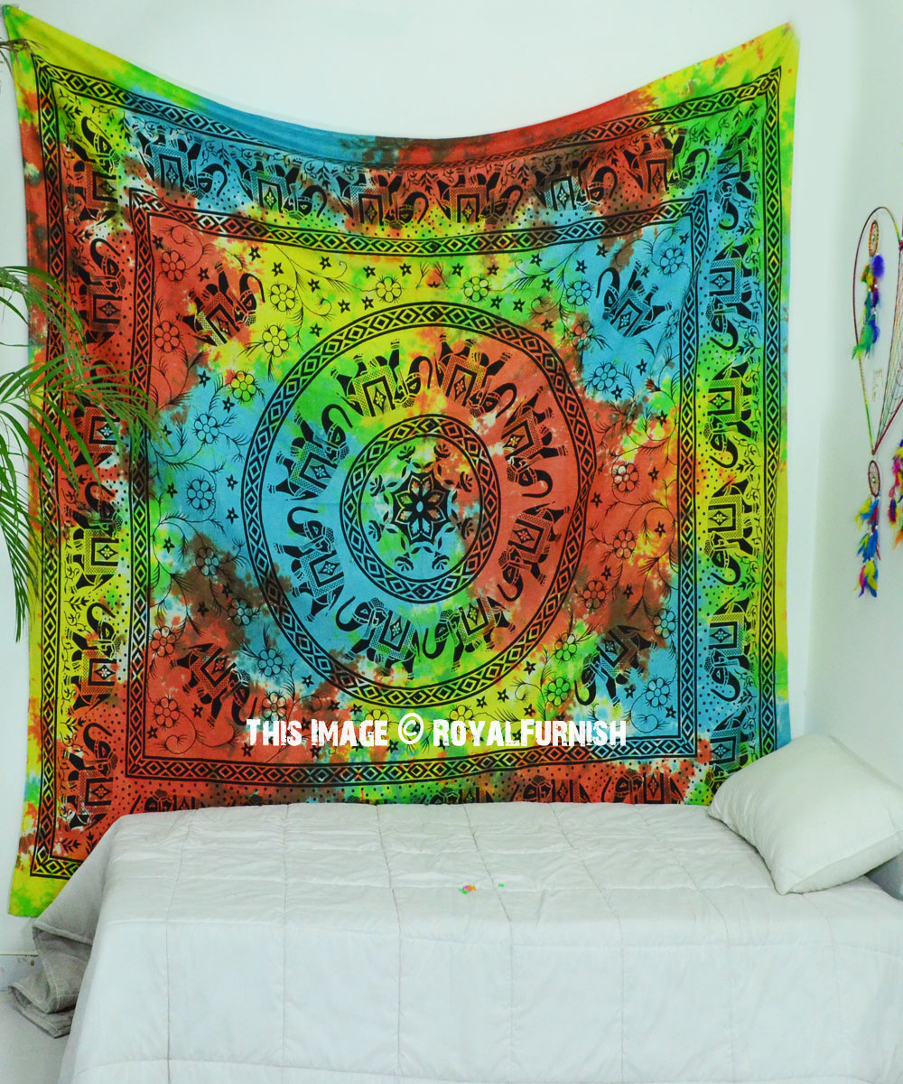 Large Bohemian Colorful Elephants Mandala Wall Tapestry Bedspread