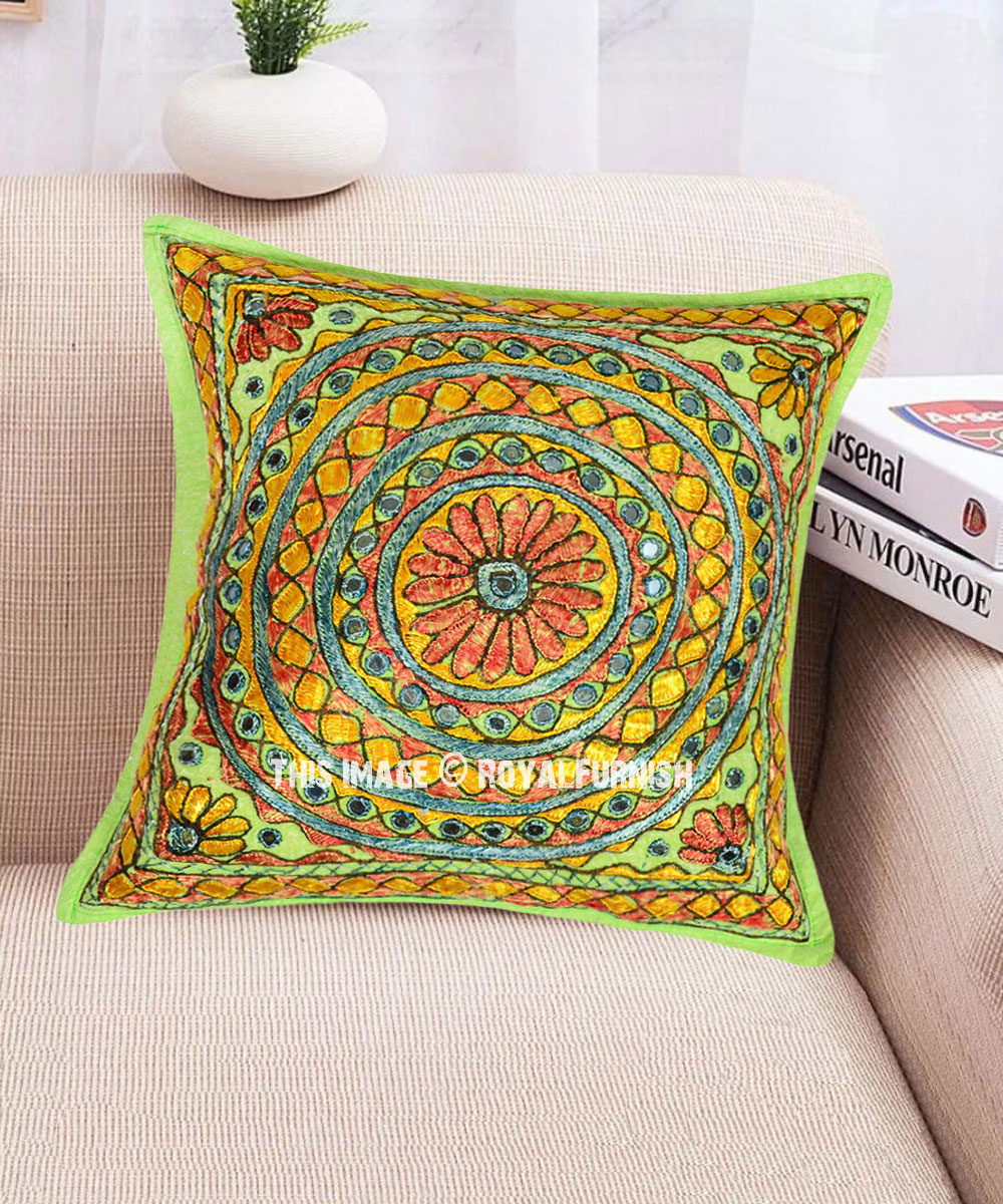 Green 16" Cushion Pillow Cover Peacock Embroidered Cotton Throw Indian Decor