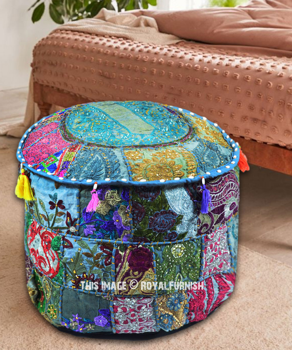 Large Turquoise Blue Patchwork Bohemian Ottoman Pouf Pouffe Cover Indian Stool 