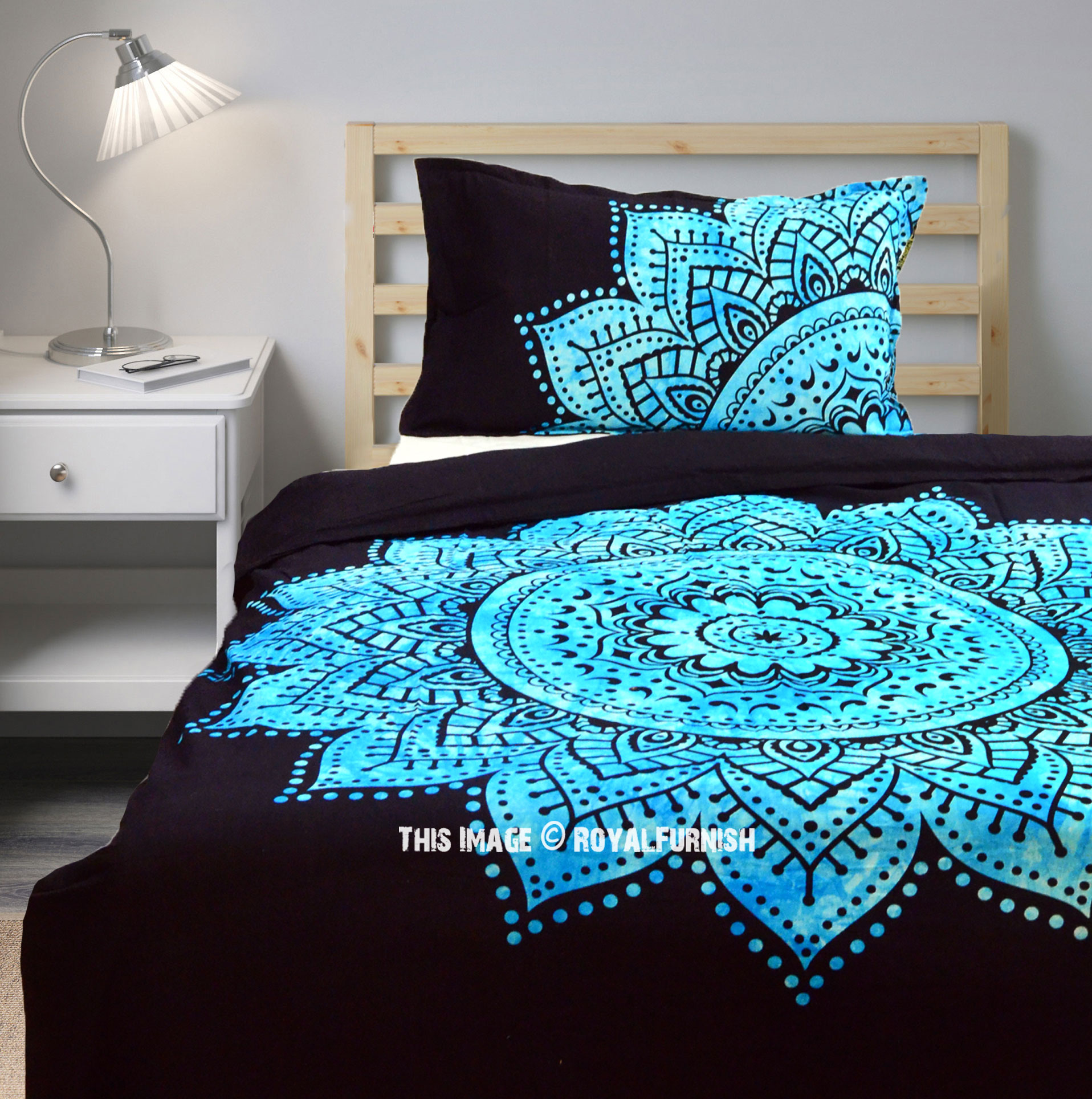 Turquoise Blue Rangoli Mandala Duvet Cover Set With One Pillow