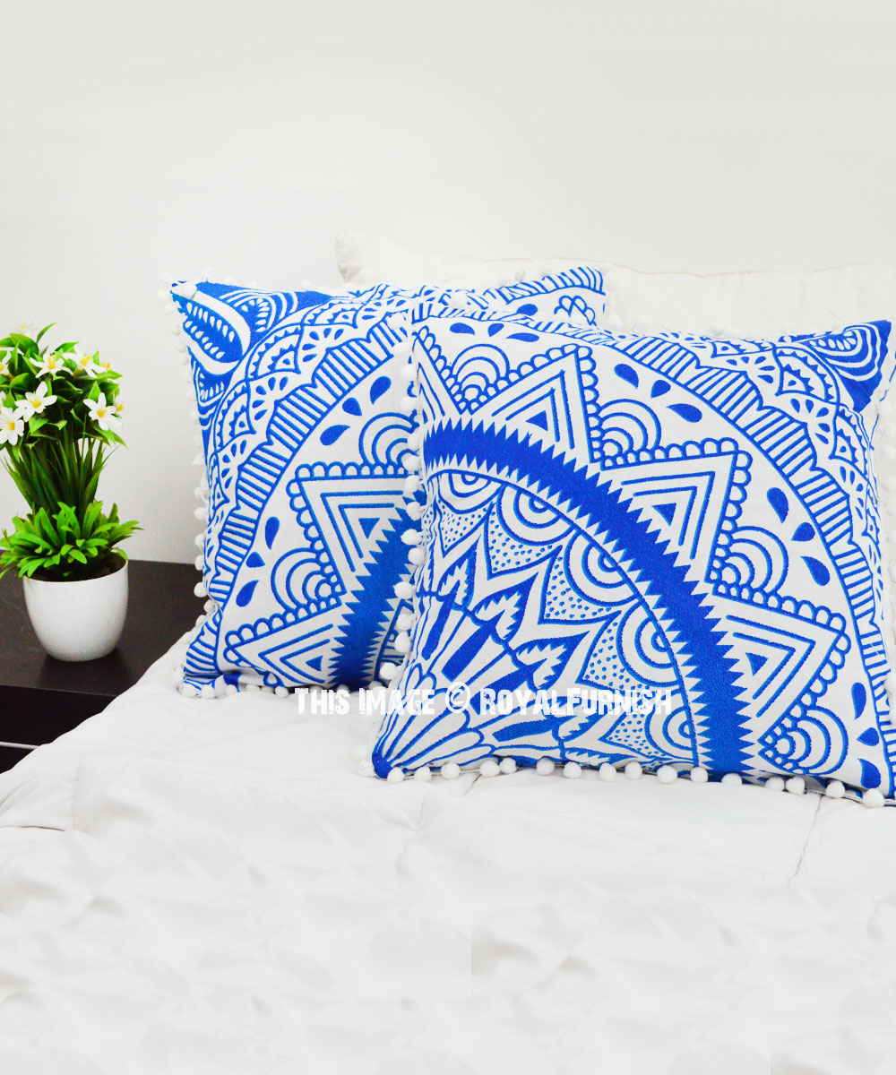 Decorative Boho Blue Ombre Cotton Square Throw Pillow Cover Set of