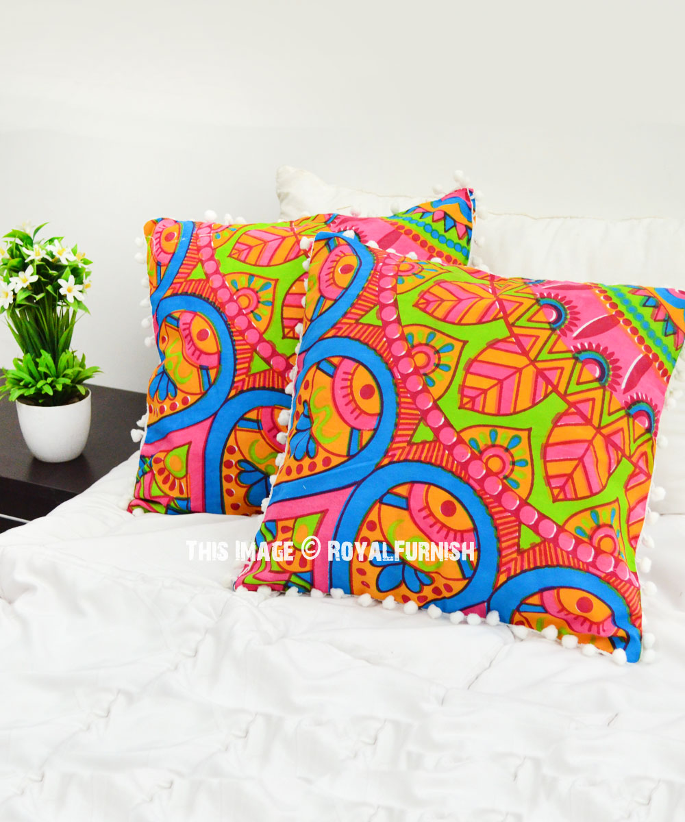 Decorative Vibrant Colorful Floral Boho Cotton Throw Pillow Cover Set