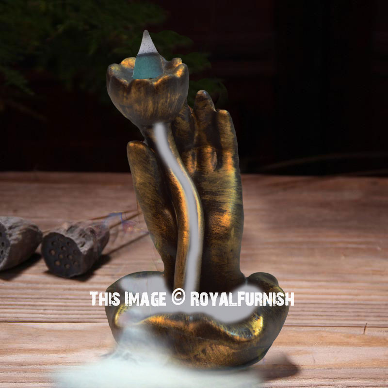 Gold Buddha Hand Lotus Backflow Incense Cone Burner Holder with 10 Cones